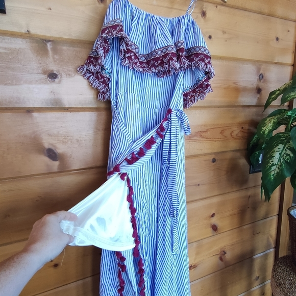 Charlie O. 💜 Kinnucan's Striped Maxi Dress Semi Wrap Boho Tassels Fringe Medium - Picture 8 of 12